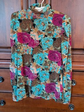 Floral Mockneck Top in Teal and Brown Small